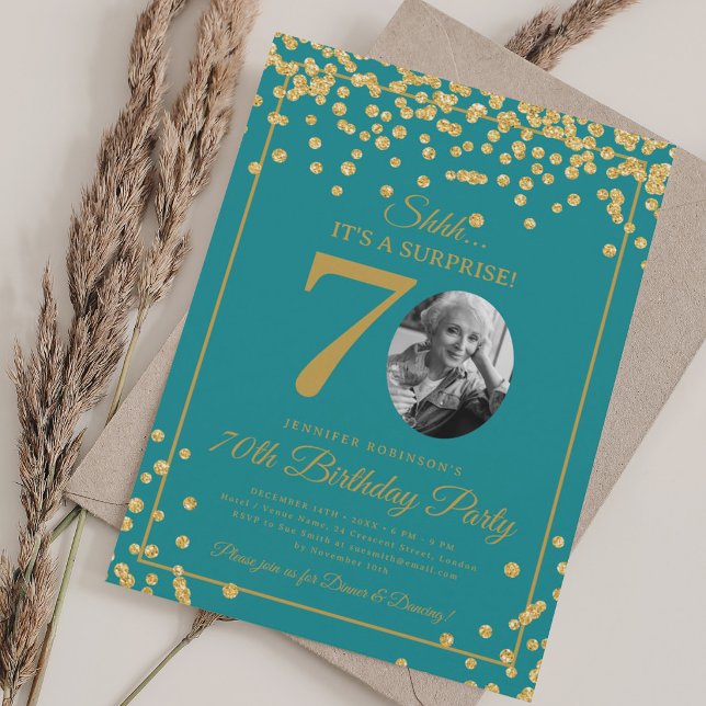 ÖVERRASKNING Foto 70 Födelsedag Guld Glitter Turko Inbjudningar (SURPRISE Photo 70 Birthday Gold Glitter Turquoise Invitation)
