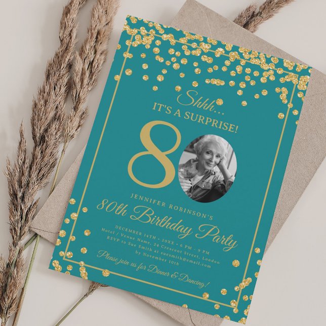 ÖVERRASKNING Foto 80 Födelsedag Guld Konfetti Turk Inbjudningar (SURPRISE Photo 80 Birthday Gold Confetti Turquoise Invitation)