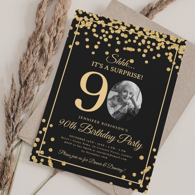 ÖVERRASKNING Foto 90-årsdag Guld Glitter Konfetti Inbjudningar (SURPRISE Photo 90th Birthday Gold Glitter Confetti Invitation)