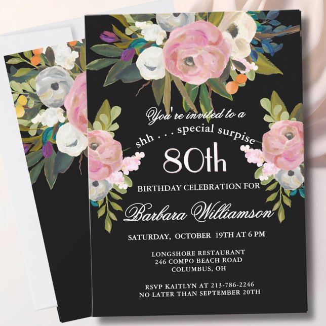 **ÖVERRASKNING Handmålad blomster 80-årsfest  Inbjudningar (Skapare uppladdad)
