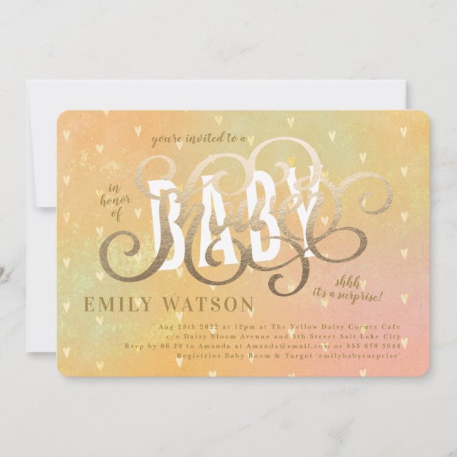 Överraskning Hearts Guld Lettering Baby Shower Inbjudningar (Framsida)