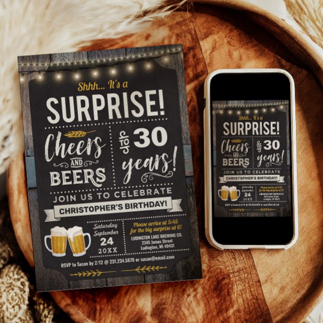 Överraskning Hyllningar och Öl 30-års födelsedagsi Inbjudningar (Surprise Cheers and Beers 30th Birthday Invitation)