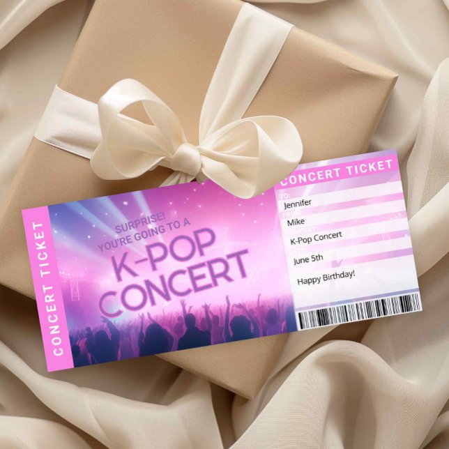 Överraskning K-Pop Fanpresent Biljett Konsert Bilj Inbjudningar (Surprise K-Pop Concert Ticket Printable | K-Pop Gift Reveal Boarding Pass | Fan Gift for Teen or Fri)