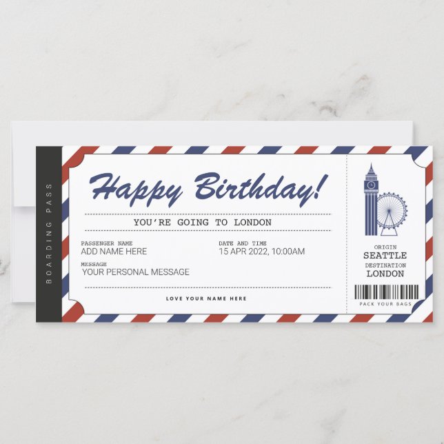 Överraskning London Resa Boarding Pass Travel Bilj (Framsida)