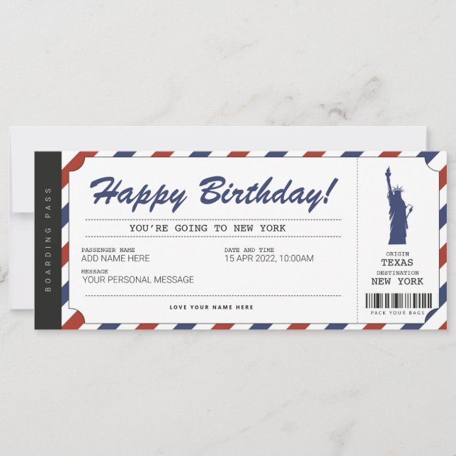 Överraskning New York-resa Boardingpass Resebiljet Inbjudningar (Framsida)
