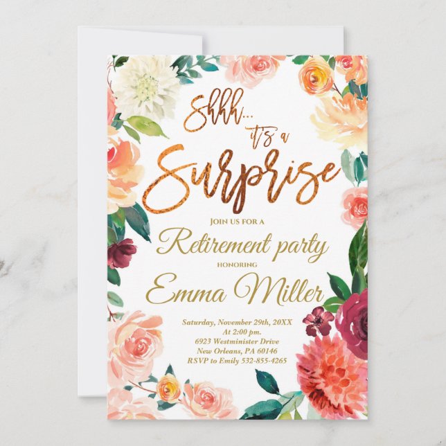 Överraskning Pension Party, Blommigt Pension Inbjudningar (Framsida)