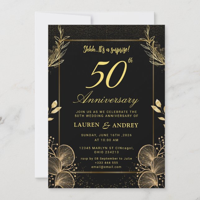 Överraskning Svart & Guld 50-års bröllopsjubileum Inbjudningar (Framsida)