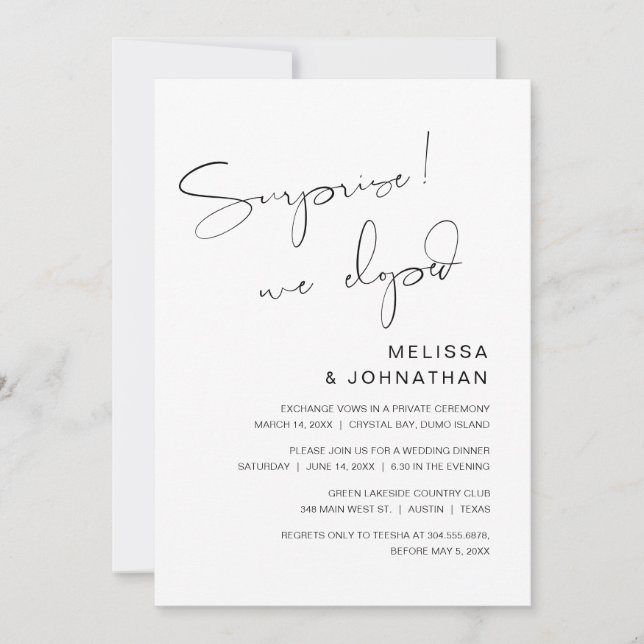 Överraskning, vi rymde, Bröllopsfestinbjudan Inbjudningar (Framsida)