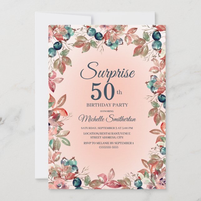 Överraskningsfest 50-årsdag Kvinnor Rosa Teal Blom Inbjudningar (Framsida)