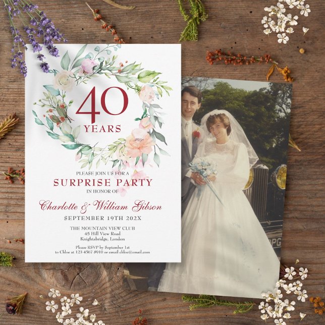Överraskningsfest Blommor 40-årsjubileum Foto Inbjudningar (Surprise Party Floral 40th Anniversary Photo Invitation)