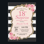 Överraskningsfest för 18-årsdag med rosa peonblomm inbjudningar<br><div class="desc">Inbjudan till överraskningsfest för 18-årsdag med rosa peonblommor för kvinnor. Guldglitter. Brölliknande blomsterstil. Svart-vit-randiga. 13:e 15:e 16:e 18:e 20:e 21:a 30:e 40:e 50:e 60:e 70:e 80:e 90:e 100:e,  Alla åldrar. Digitalt nedladdningsbart. För ytterligare anpassning,  klicka på "Anpassa"-knappen och använd vårt designverktyg för att ändra denna mall.</div>