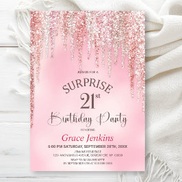 Överraskningsfest för 21-årsdag med rosa glitter inbjudningar