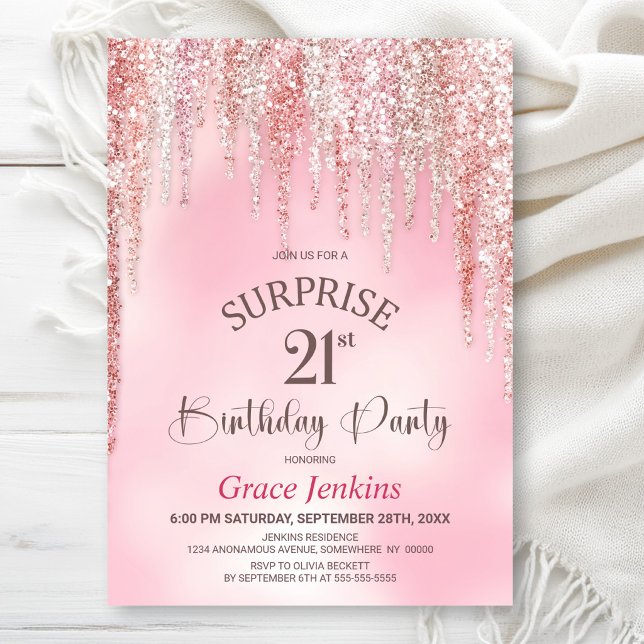 Överraskningsfest för 21-årsdag med rosa glitter inbjudningar (Skapare uppladdad)