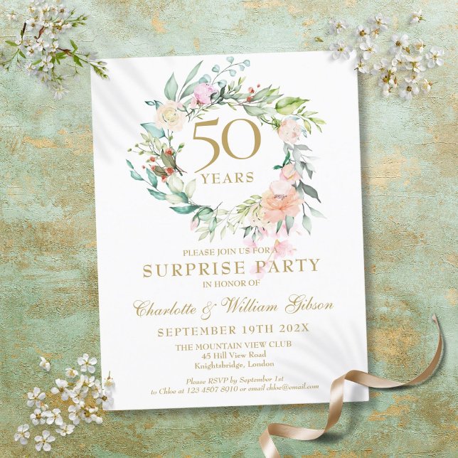 Överraskningsfest för 50-årsjubileum Rosor Girlang Inbjudan Vykort (50th Anniversary Surprise Party Roses Garland Invitation Postcard)