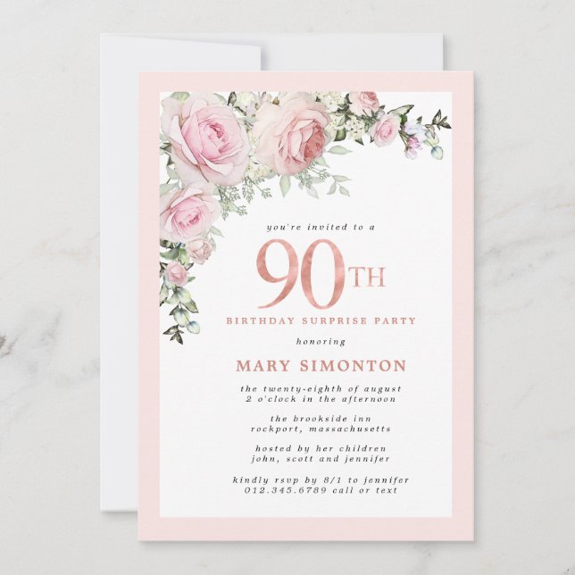 Överraskningsfest för 90-årsdag Blush Rosa Blommor Inbjudningar (Framsida)