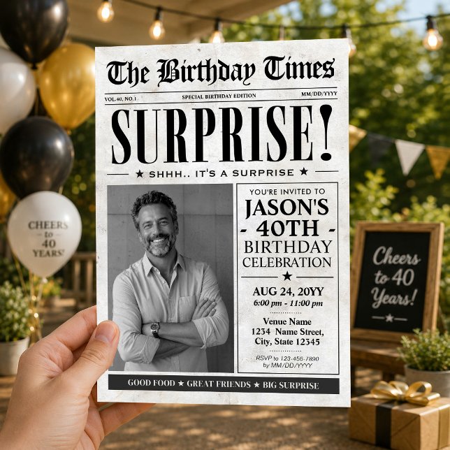 Överraskningsfest för födelsedagen Inbjudan, Födel Inbjudningar (Custom Birthday Newspaper Surprise Birthday Invitation)