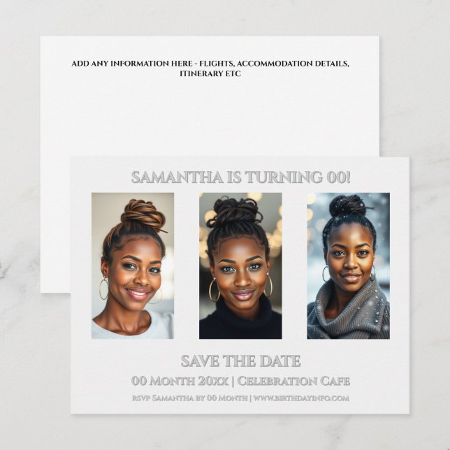 Överraskningsfödelsedag alla åldrar 3 bild festmal vykort (Fram/baksida)