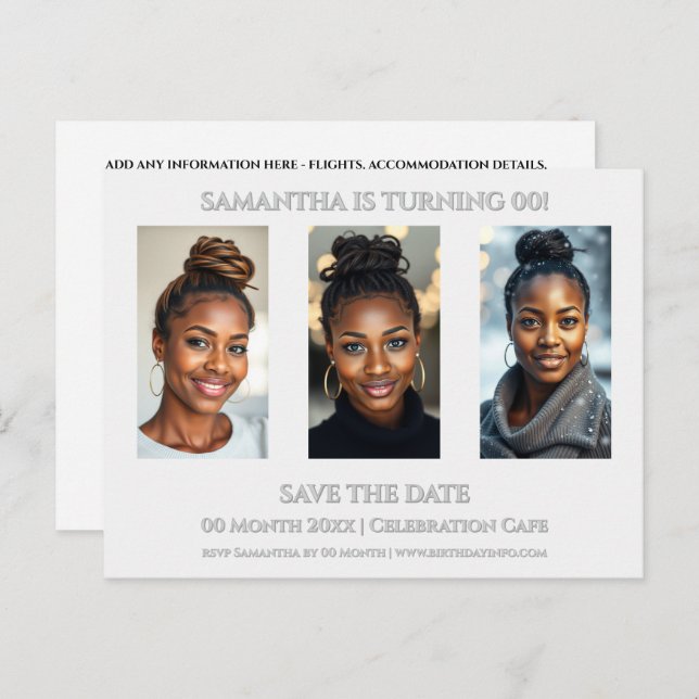 Överraskningsfödelsedag i alla åldrar 3-foto festm vykort (Fram/baksida)