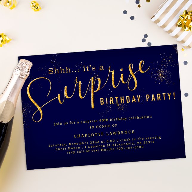 Överraskningsfödelsedagsinbjudan – Marinblå och gu Inbjudningar (Surprise Birthday Party Invitation )