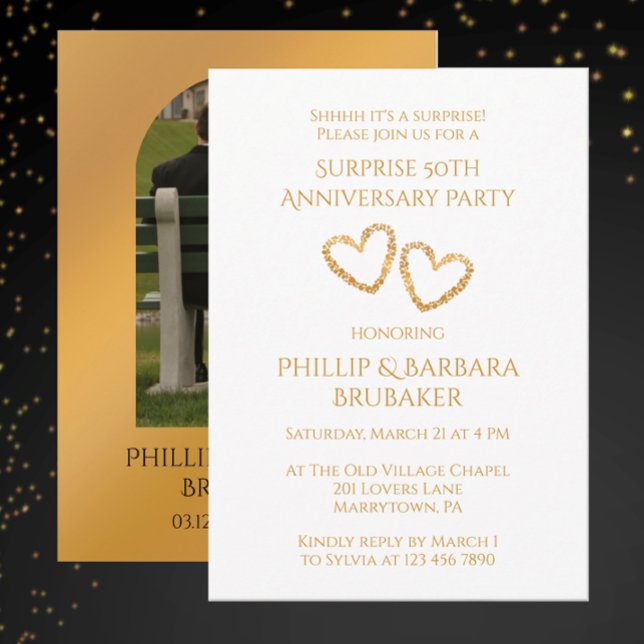 Överraskningsfoto på 50-års bröllopsdag smälter hj inbjudningar (Personalize these elegant golden heart 50th anniversary party invitations.
)