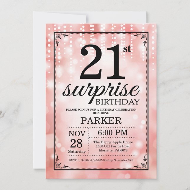 Överraskningsinbjudan till 21-årsdag rosa glitter inbjudningar (Framsida)