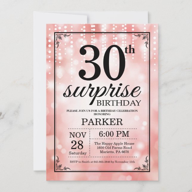 Överraskningsinbjudan till 30-årsdag rosa glitter inbjudningar (Framsida)