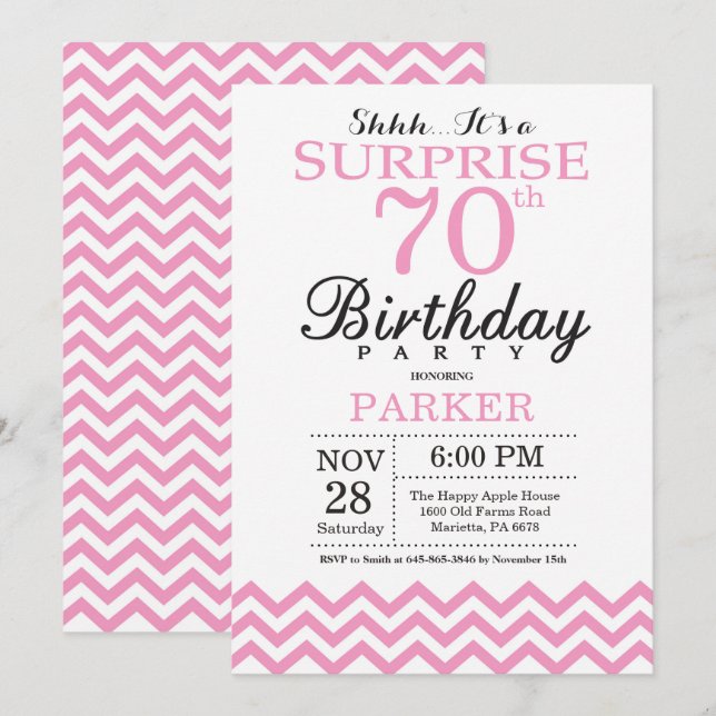 Överraskningsinbjudan till 70-årsdag Pink Chevron Inbjudningar (Fram/baksida)