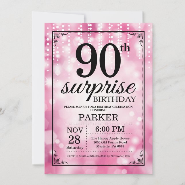 Överraskningsinbjudan till 90-årsfirande rosa glit inbjudningar (Framsida)