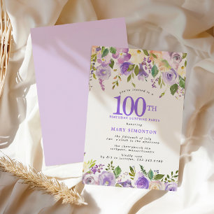 ÖVERRASKNINGSKÄRTA 100-årsdag Snygg Lila Blommig Inbjudningar
