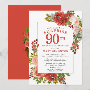 ÖVERRASKNINGSKÄRTA 90-årsdag Röd Rosa Ros Inbjudningar