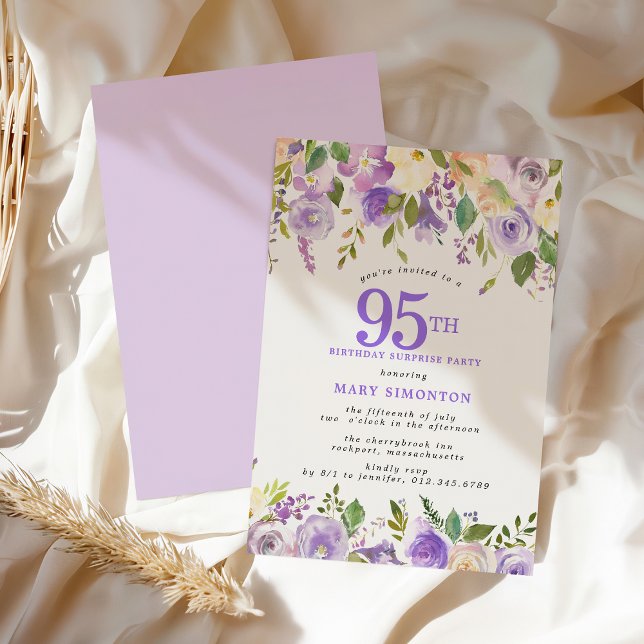 ÖVERRASKNINGSKÄRTA 95-årsdag Vacker lila blomster Inbjudningar (Skapare uppladdad)