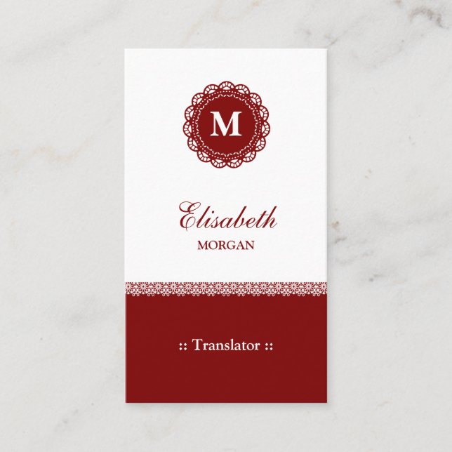 Översättare - Elegant Red Snöre Monogram Visitkort (Framsida)