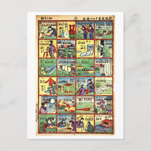 Översättningsdiagram för japansk-engelska vintage vykort (Framsida)