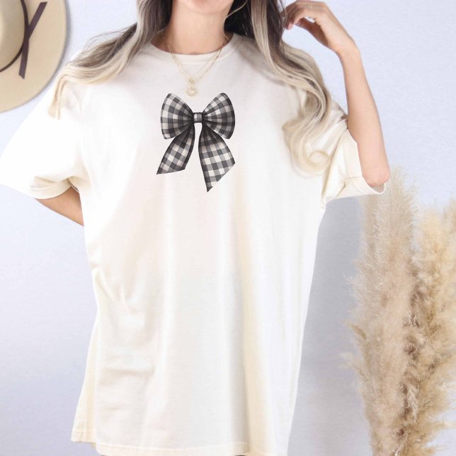 Oversiderad Coquette Black and White Bow T Shirt (Black and White Gingham Checked tee)
