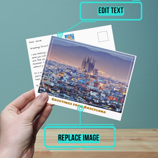 Översikt över Barcelona Spanien med Sagrada Famili Vykort (When you are looking to share your experiences, sending a postcard is a sweet gesture.)