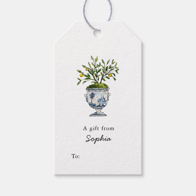 Översikt över Lemon träd i blå och vit märkre Presentetikett (Framsidan)