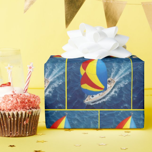 Översiktlig vy av en segelbåt med spinnaker presentpapper (Födelsedagsfest)