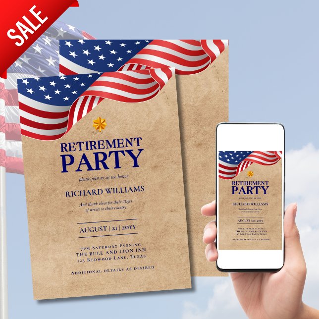 Överste i MILITÄR PENSION Guld Oak Löv USA Flagga Inbjudningar (Skapare uppladdad)