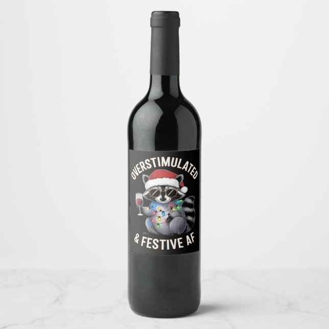 Överstimulerad & Festlig AF Tvättbjörn Espresso Äl Vinflaska Etikett (Framsida)