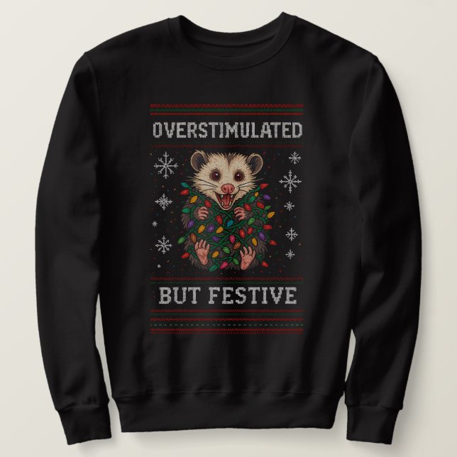 Överstimulerad men festlig pungråtta jul meme lång ärmad tröja (Design framsida)