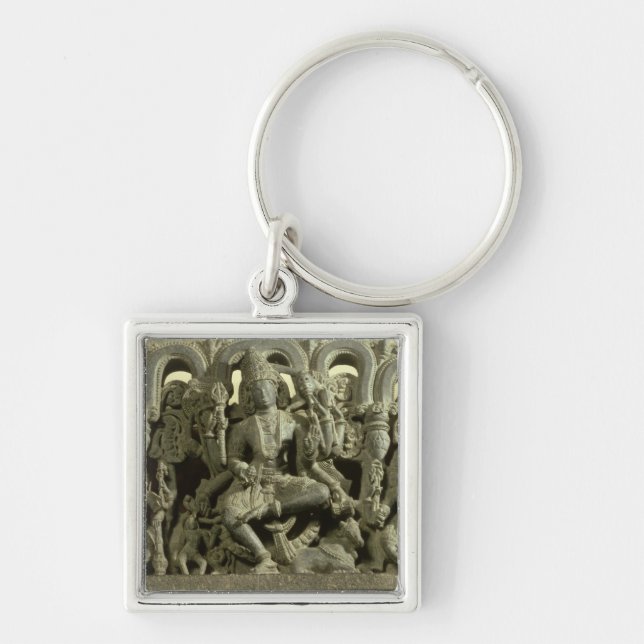 Överstycke som visar trinityen: Siva, Brahma och Fyrkantig Silverfärgad Nyckelring (Framsidan)