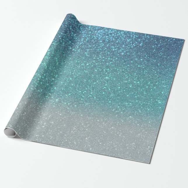 Övertoning för ljusblå Teal Sparkly Glitter Ombre Presentpapper (Utrullad)