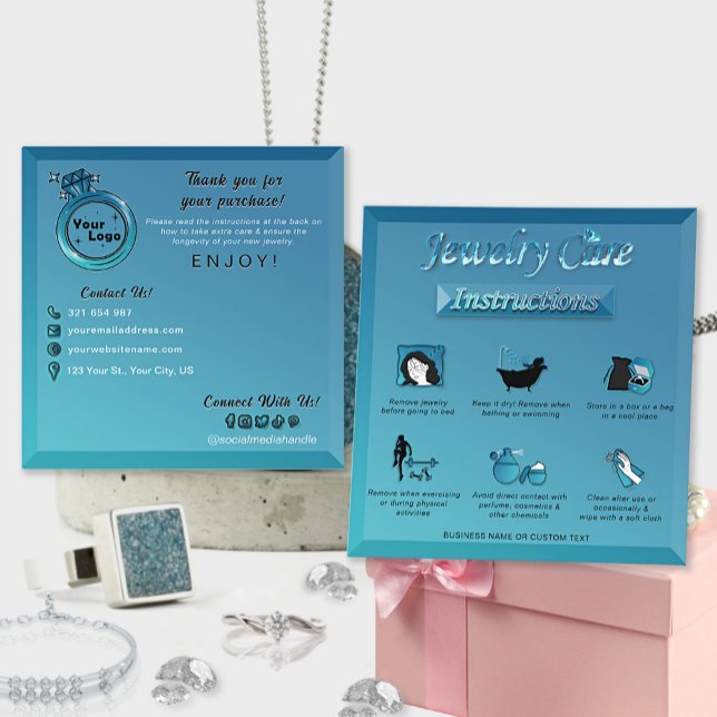 Övertoning Teal Blue Elegant Diamond Jewelry Care Fyrkantigt Visitkort (Skapare uppladdad)