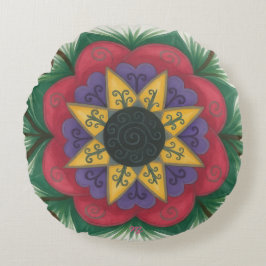 Övervuxen blomsterträdgård rund kudde