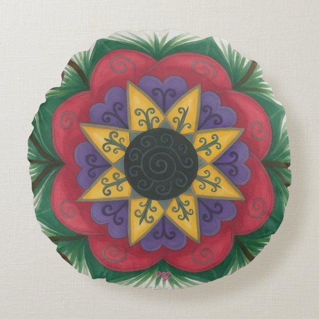 Övervuxen blomsterträdgård rund kudde (Framsidan)