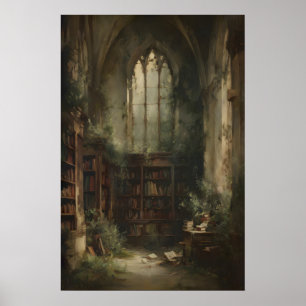 Övervuxna biblioteksruiner med böcker och murgröna poster