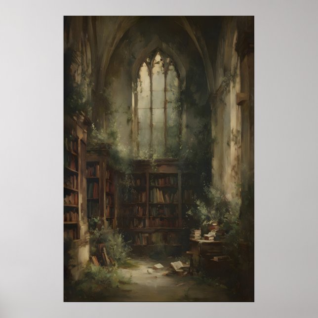 Övervuxna biblioteksruiner med böcker och murgröna poster (Framsidan)