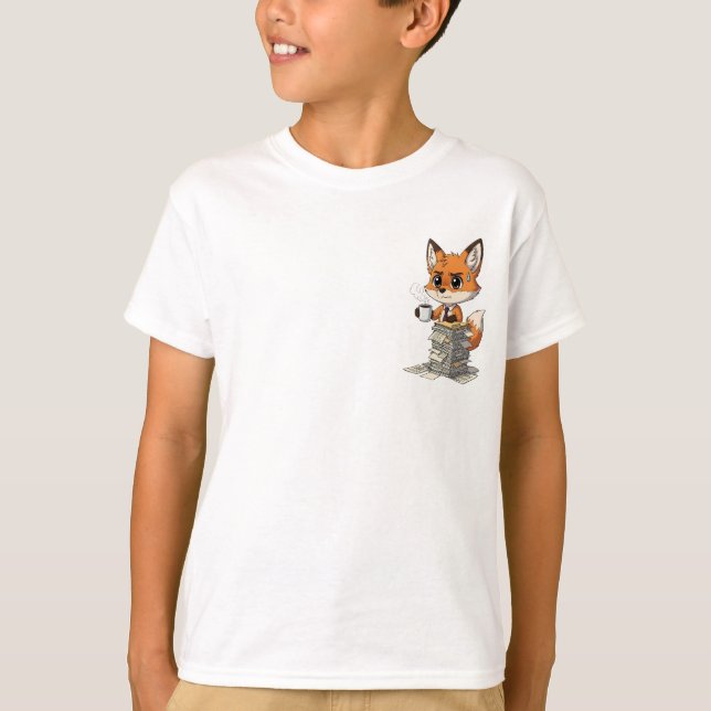 Overwhelmed Cartoon Fox Office Worker T Shirt (Framsida)