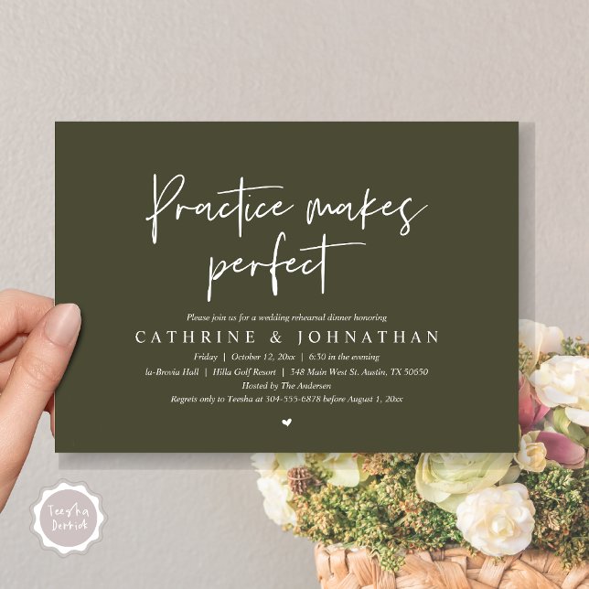 Övning ger färdighet, Bröllopsrepetition Middag Inbjudningar (Practice Makes Perfect, Wedding Rehearsal Dinner Invitation Card, PDF, Modern Casual, Olive Green)