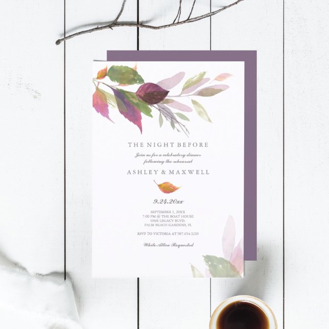Övningsmiddag akvarell höstlöv inbjudningar (rehearsal dinner invitations the night before autumn leaves purple)